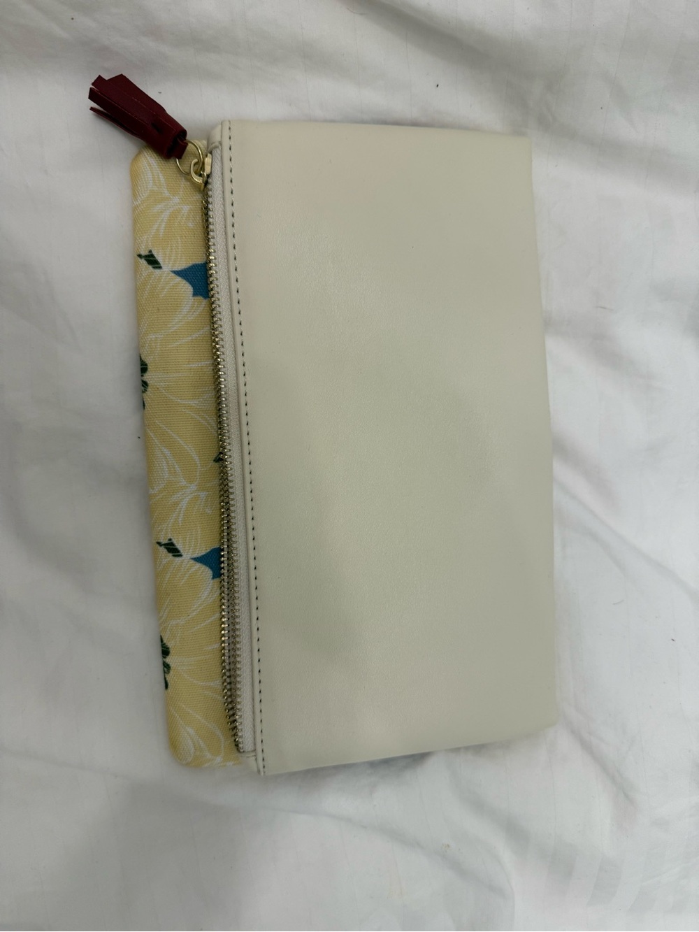 Cream Floral Zip Clutch with Red Tassel